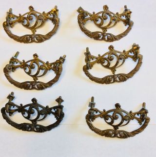 Set Of Six Ornate Antique Brass Drawer Pulls 3 Inch Screw Bore