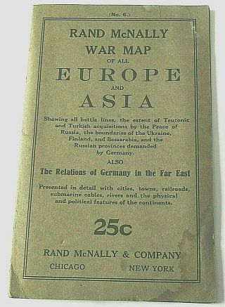 Wwi Rand Mcnally War Map Of All Europe & Asia Fold Out Germany To Far East