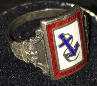 C1940s Wwii Son In Service Sterling Silver Ring Rare Blue Enamel Anchor Navy