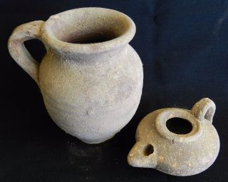 Biblical Ancient Byzantine Roman Clay Pottery Pitcher Jug & Oil Lamp Terracotta