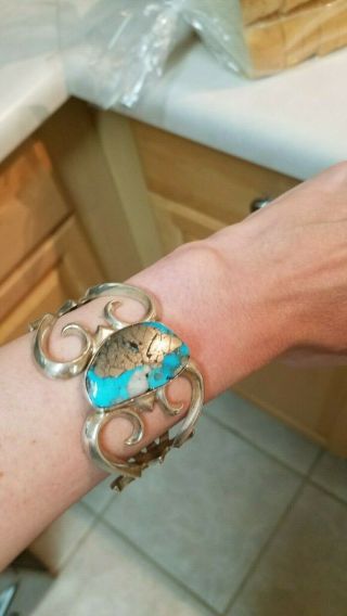 Vintage F.  L.  Begay Navajo Sterling Silver And Turquoise Cuff Bracelet