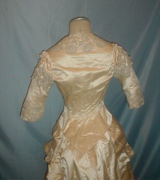 Antique Wedding Dress 1880 Cream Satin Mother of Pearl Beading Bustle Gown 10