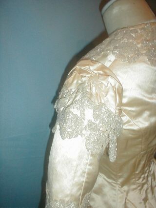 Antique Wedding Dress 1880 Cream Satin Mother of Pearl Beading Bustle Gown 11