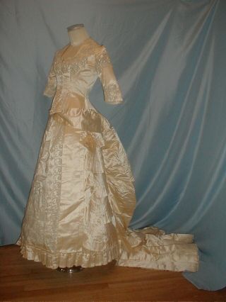 Antique Wedding Dress 1880 Cream Satin Mother Of Pearl Beading Bustle Gown