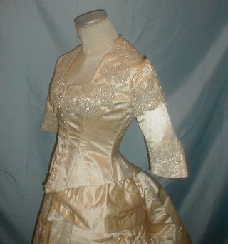 Antique Wedding Dress 1880 Cream Satin Mother of Pearl Beading Bustle Gown 2