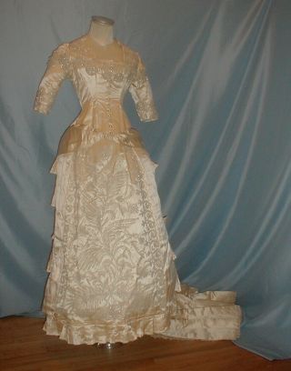 Antique Wedding Dress 1880 Cream Satin Mother of Pearl Beading Bustle Gown 4