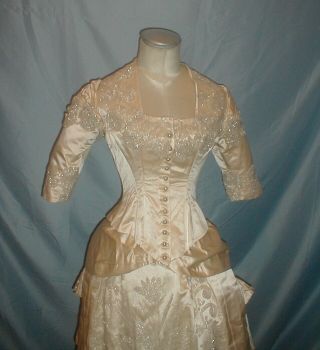Antique Wedding Dress 1880 Cream Satin Mother of Pearl Beading Bustle Gown 5