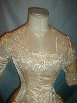 Antique Wedding Dress 1880 Cream Satin Mother of Pearl Beading Bustle Gown 6