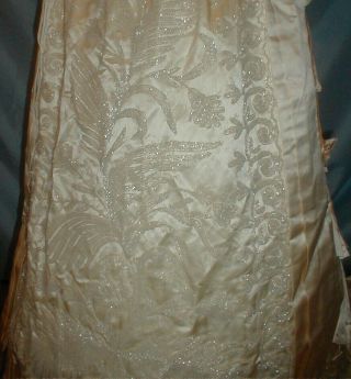 Antique Wedding Dress 1880 Cream Satin Mother of Pearl Beading Bustle Gown 7