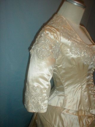 Antique Wedding Dress 1880 Cream Satin Mother of Pearl Beading Bustle Gown 8