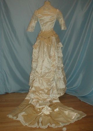 Antique Wedding Dress 1880 Cream Satin Mother of Pearl Beading Bustle Gown 9
