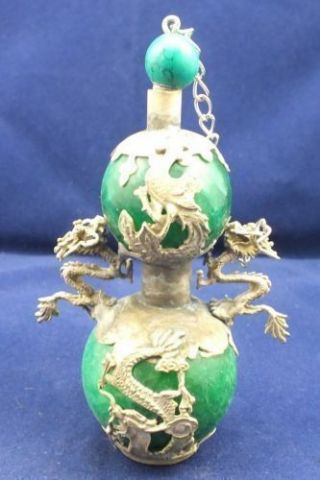 Collect Chinese Tibetan Silver Dragon And Phoenix Green Jade Snuff Bottle Nr