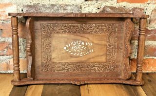 Vintage Wood Serving Tray Intricate Carved Wooden With Inlay Spindle Handles