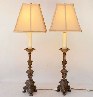 Pair Vintage Brass Repousse Alter Candlestick Or Pricket Lamp Bases 30 " Tall