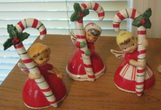 Set Of 3 Vintage Ca.  1956 Napco Japan Christmas Candy Cane Angel Bells Figurines