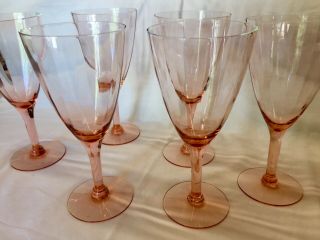 6 Vintage Pink Depression Glass Goblets Wine Stemware,  16 Optic Panels