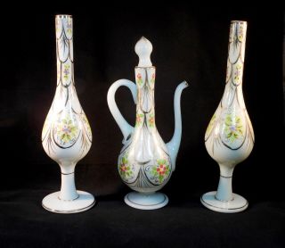 Turkish Set Of 3 White Opaline Glass Rose Water Sprinklers Hand Decorated