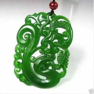 China Hand - Carved Green Jade Dragon Phoenix Pendant Necklace Amulet