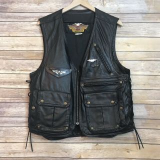 Harley Davidson Mens Leather Vest Large Made In Usa Utility Pockets Vtg