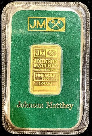 Johnson Matthey 5 Gold Gram In Assay Card Vintage Green & Gold.  9999 Fine