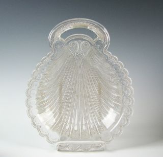 Antique American Lacy Flint Glass Peacock Eye Shell Shape Open Handle Dish