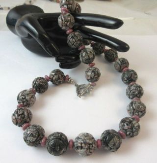 Vintage Shou Rhodolite Chinese Export Carved Beads Necklace Fabulous.