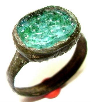 Ancient Medieval Bronze Finger Ring Seal With Stone.  (gem)