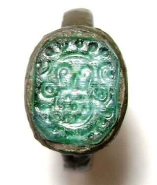 Ancient Medieval bronze finger ring seal with stone.  (GEM) 2