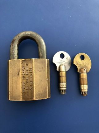 Rare Antique NIX PIX Brass High Security Padlock Two Operating & Withdrawal Keys 3