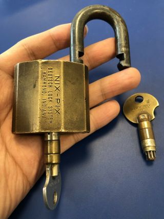 Rare Antique NIX PIX Brass High Security Padlock Two Operating & Withdrawal Keys 4