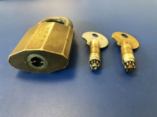 Rare Antique NIX PIX Brass High Security Padlock Two Operating & Withdrawal Keys 5