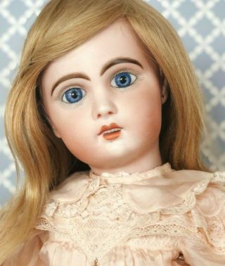Antique Jumeau Tete French Bebe Bisque Doll Silk Dress Wig Blue Eyes