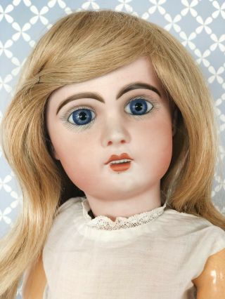 Antique Jumeau Tete French Bebe Bisque Doll Silk Dress Wig Blue Eyes 4