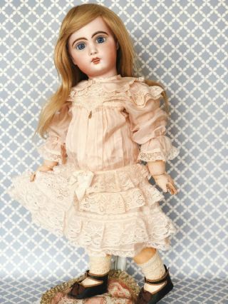 Antique Jumeau Tete French Bebe Bisque Doll Silk Dress Wig Blue Eyes 5