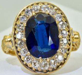 Magnificent Victorian 14k Gold,  2ct Mine Cut Diamonds&sapphire Cocktail Ring
