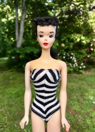 Vintage Number 3 Barbie T.  M.  Brunette Ponytail Brown Eyeliner Doll Box & Stand