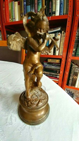 Antique Bronze Or Brass? 7 " Figurine Cherub/angel Playing Flute