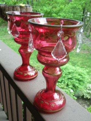 Pair Antique Moser Cranberry Glass Gold Hand Painted Luster Mantle Added Prisms