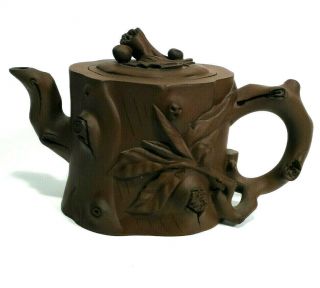 Antique Chinese Teapot Tree Stump Brown Lidded Signed Art Pottery Old Rare Htf