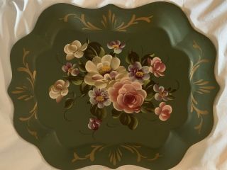 Tole Toleware Metal Vintage Tray Hand Painted Roses On Green 18.  5 X 15”