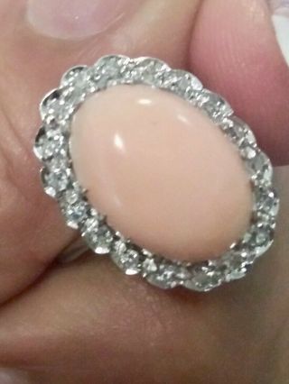 Vintage Art Deco 18k Gold 17mmx 12 Mm Angel Skin Oval Coral Diamond Ring Size 7