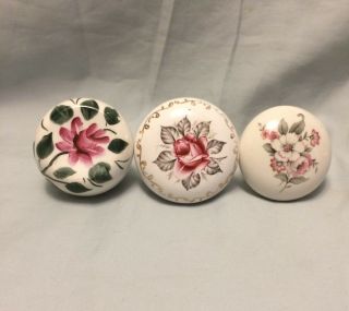 3 Diff Vintage White Porcelain Multi - Color Floral Flower Brass Door Knobs Rose