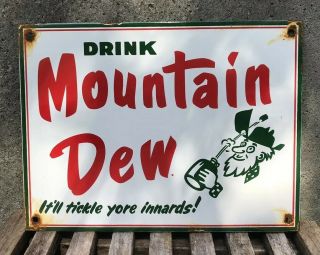 Vintage Mountain Dew Porcelain Sign Gasoline Oil Service Station Soda Pop Gas