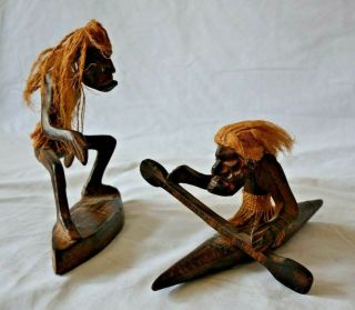 Two Wooden Statues Hand Carved Aboriginal Surfing And Kayak Indonesia Made