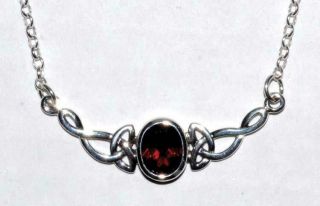Celtic Knot Oval Garnet Pendant Sterling Silver Red Gem Necklace Ancient Chain