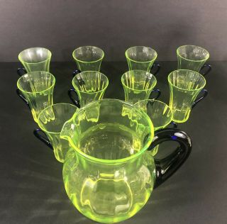 Vintage Vaseline Glass Pitcher And 10 Glasses With Cobalt Handles Uranium Glass 11