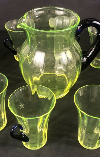 Vintage Vaseline Glass Pitcher And 10 Glasses With Cobalt Handles Uranium Glass