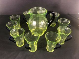 Vintage Vaseline Glass Pitcher And 10 Glasses With Cobalt Handles Uranium Glass 2
