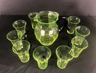 Vintage Vaseline Glass Pitcher And 10 Glasses With Cobalt Handles Uranium Glass 4