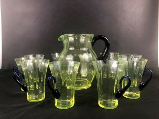 Vintage Vaseline Glass Pitcher And 10 Glasses With Cobalt Handles Uranium Glass 5
